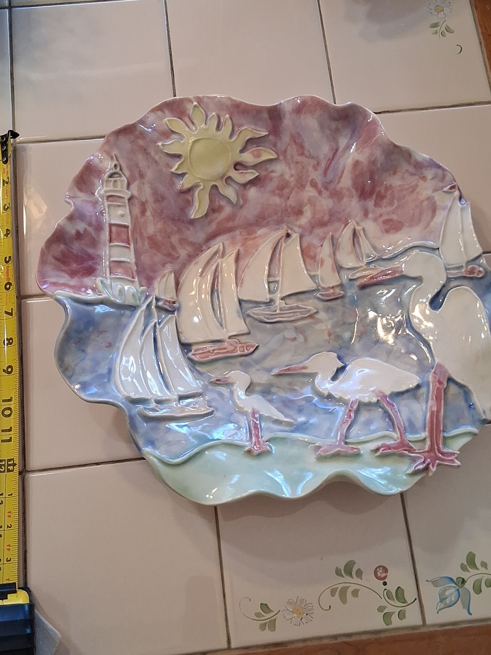 Unique 3D Handcrafted Coastal Ceramic Center Bowl Art W/Pastel Sea Life Theme. - Picture 11 of 15
